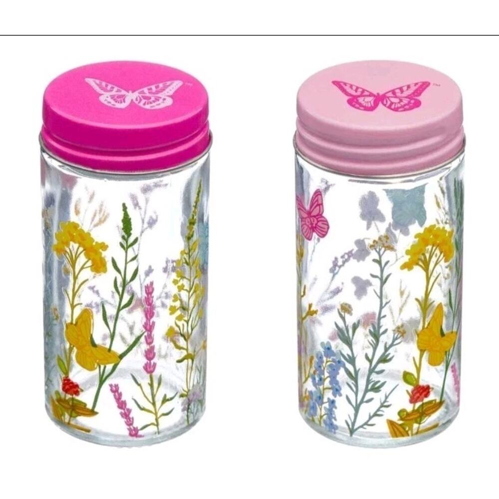 Dolly Parton Wildflower Spring Set Of 2 Pink GLASS Spice Shakers Sealed DG NEW